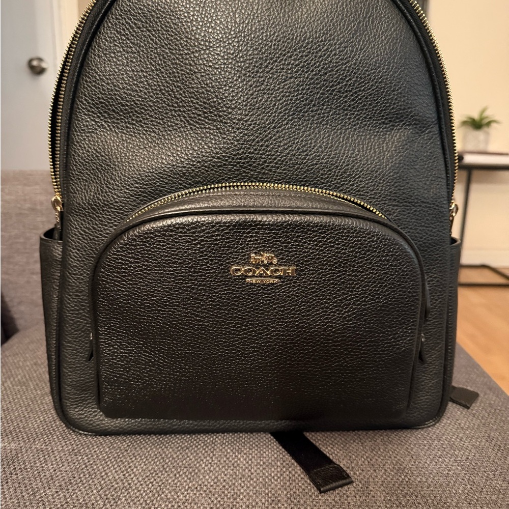 Coach Black Leather Backpack with Gold Accents